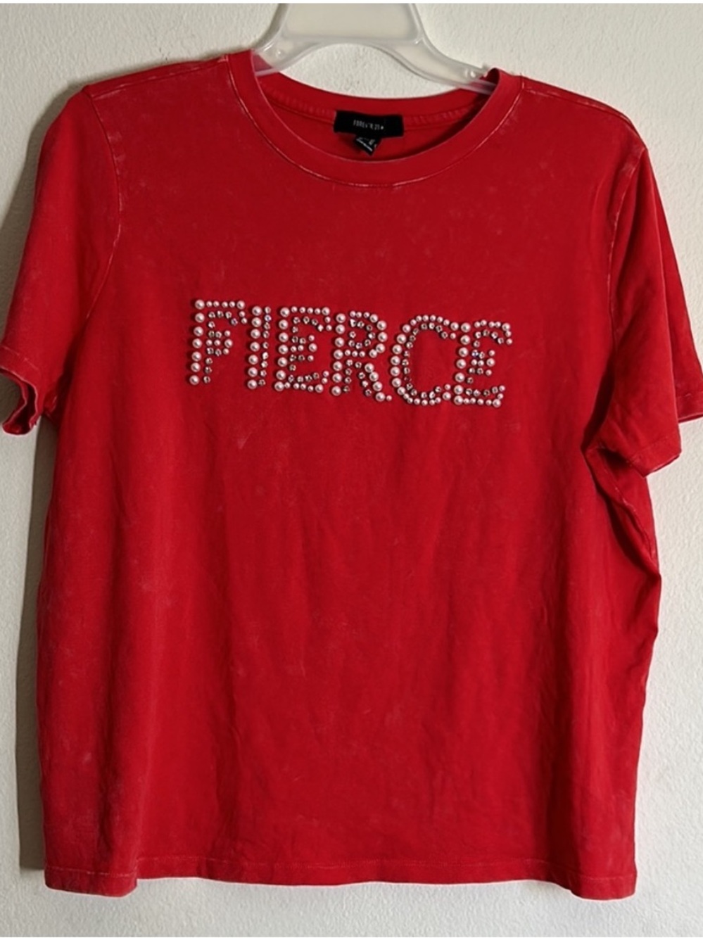 Fierce pearls and crystals embroidered red T-shirt, size XXL